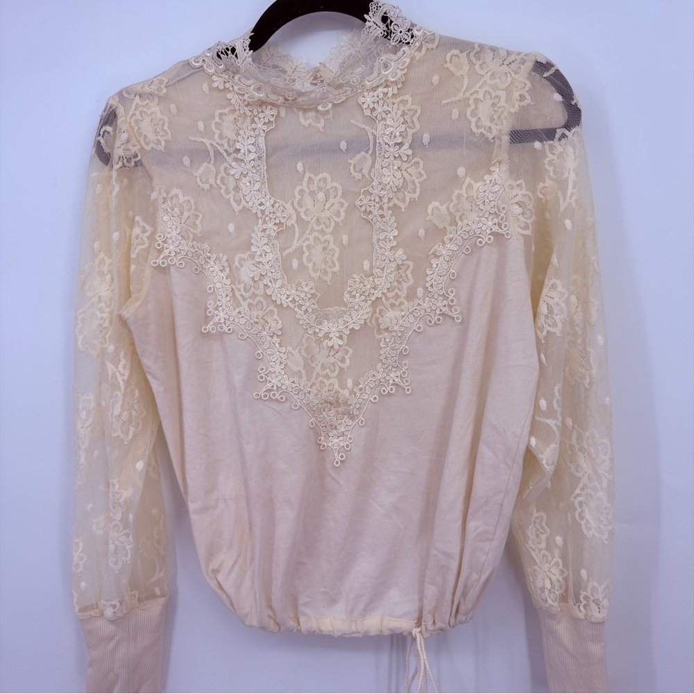 Tiny Cream Lace Blouse High Neck Embroidered Long Sleeve Top Size S - Picture 5 of 7